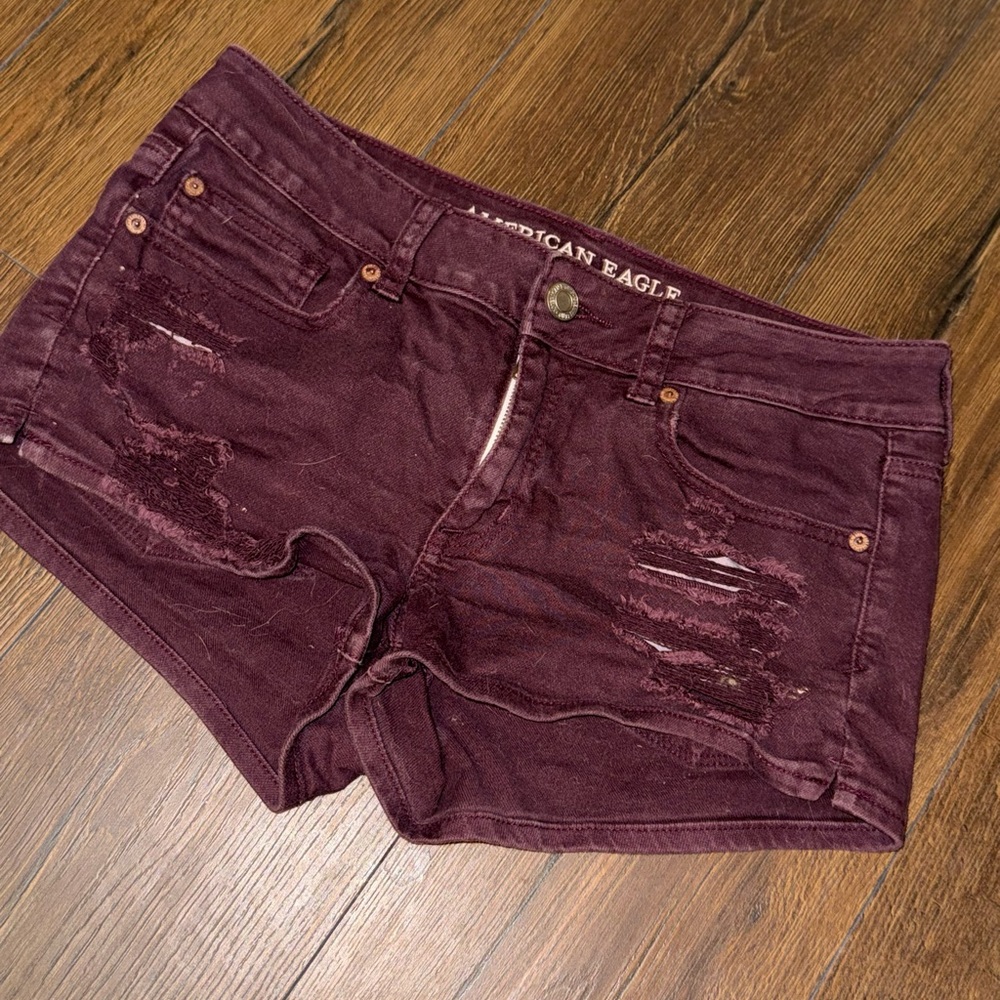 American Eagle Burgundy Distressed Shortie Jean Shorts